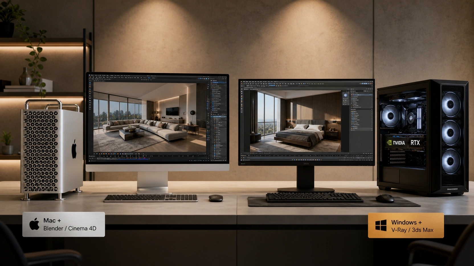 Two professional workstations side by side: Apple Mac with Studio Display showing a Blender interior render on the left and a Windows PC with NVIDIA RTX GPU showing a V-Ray 3ds Max interior render on the right in a minimal studio environment