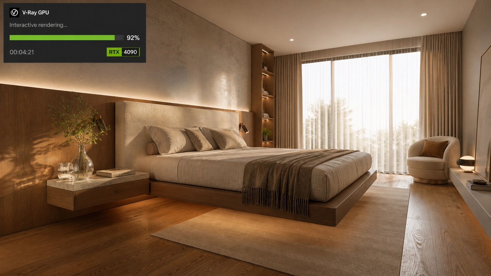 Photorealistic premium master bedroom interior design render in V-Ray GPU mode on Windows showing physically accurate caustics and subsurface scattering with a V-Ray interactive render progress overlay in the corner showing RTX 4090 render speed