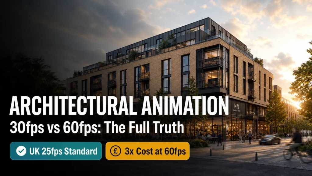 Blog thumbnail for architectural animation frame rates post with ARCHITECTURAL ANIMATION text on a cinematic golden hour exterior background showing motion blur on a passing car with teal 25fps Cinematic and amber 60fps Realtime badge pills