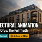 Blog thumbnail for architectural animation frame rates post with ARCHITECTURAL ANIMATION text on a cinematic golden hour exterior background showing motion blur on a passing car with teal 25fps Cinematic and amber 60fps Realtime badge pills