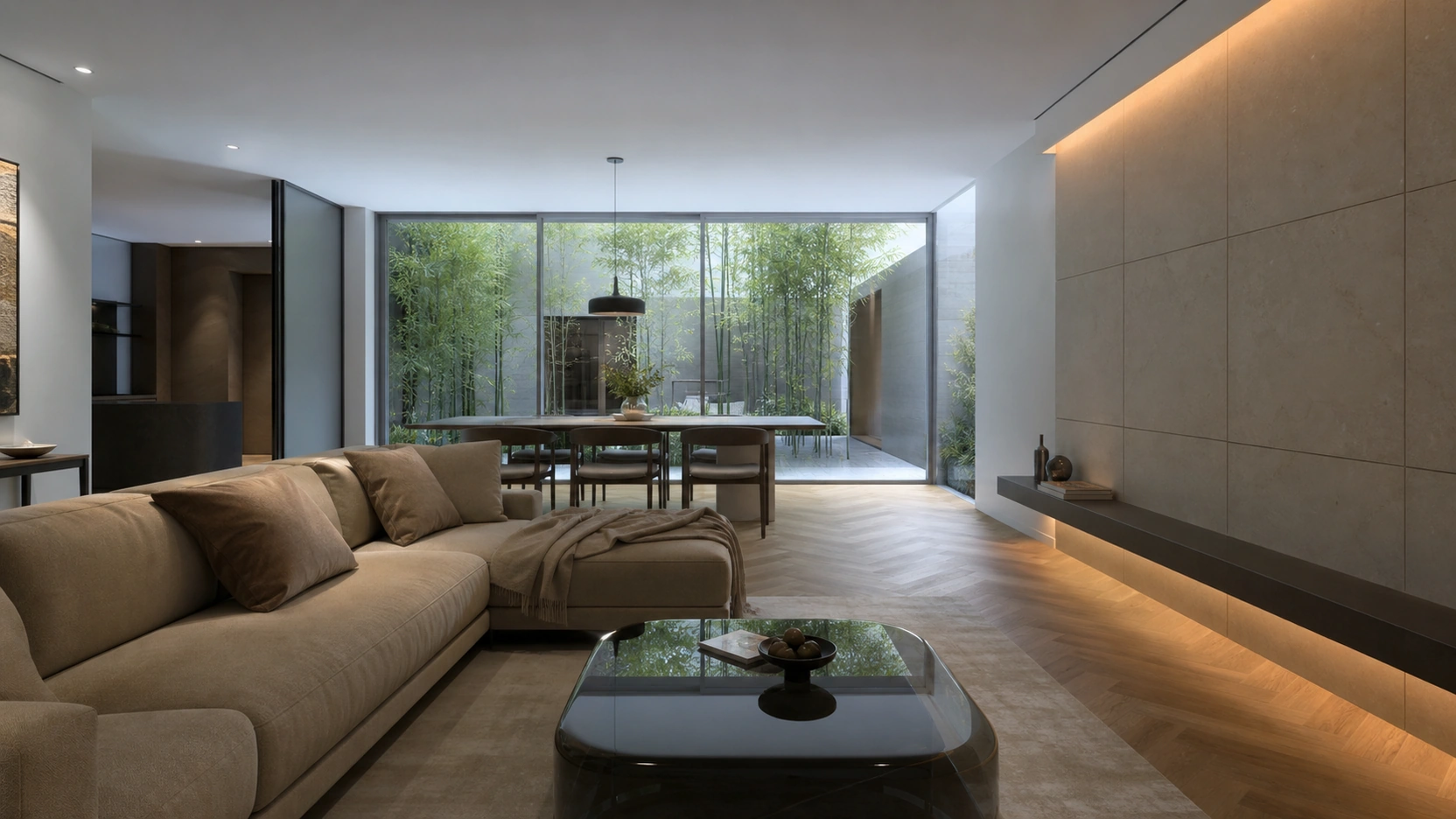 Photorealistic 60fps Unreal Engine 5 Lumen real-time architectural walkthrough still showing a contemporary residential living and dining space with cool daylight GI bounce from a glazed courtyard with bamboo planting smoked glass coffee table sand linen sofa pale stone feature wall warm oak herringbone floor and characteristic UE5 real-time lighting quality