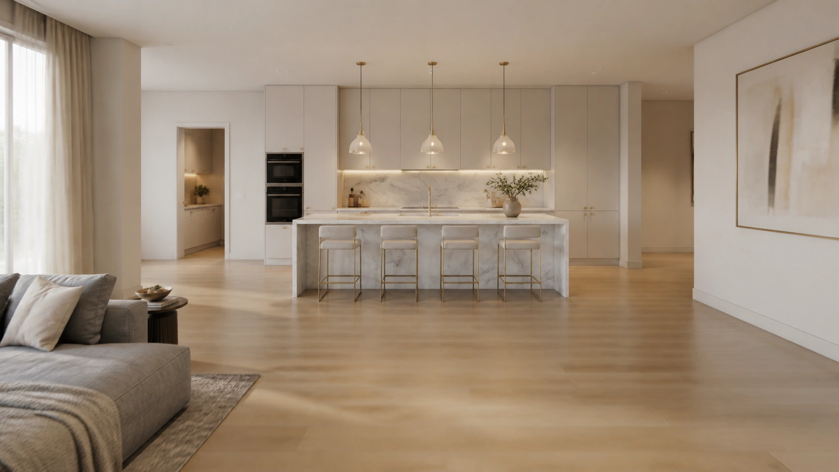 Photorealistic interior architectural animation still from a 25fps Corona 12 walkthrough showing camera push-in motion toward a Calacatta marble kitchen island with warm IES brass pendants ivory cabinetry pale oak floors and slight forward motion blur on the immediate foreground floor confirming camera movement
