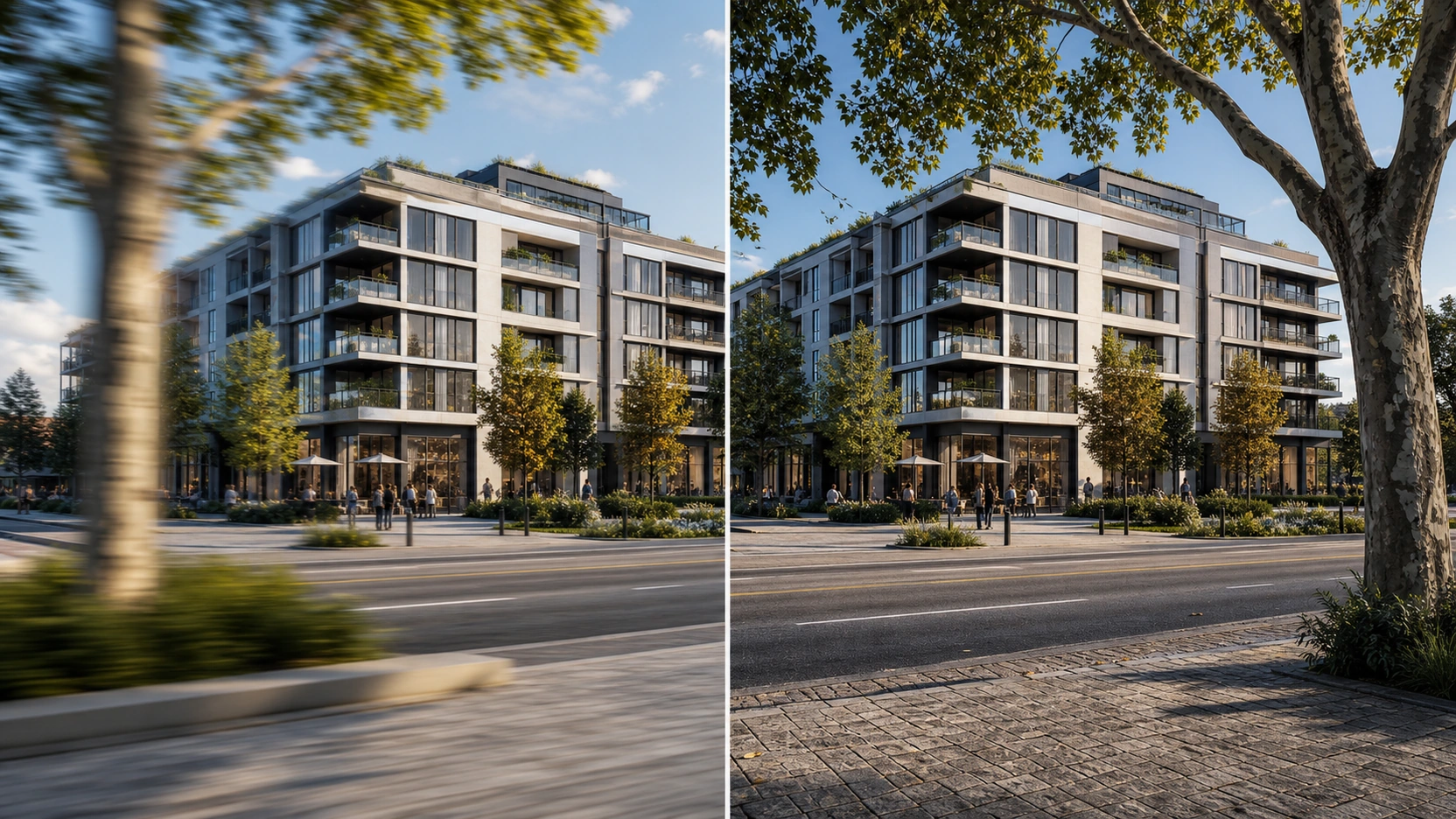 Split-frame architectural animation comparison showing left side 25fps with 180-degree shutter motion blur on foreground pavement and plane tree with cinematic film quality and right side 60fps same frame with hyper-sharp foreground no motion blur video game register same contemporary building both sides