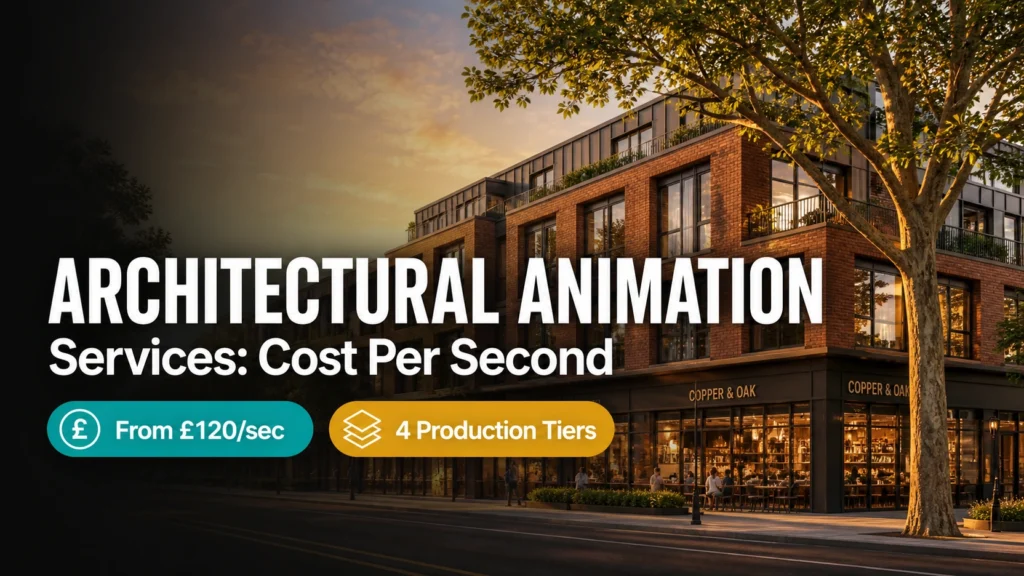 Blog thumbnail for architectural animation services cost per second post with ARCHITECTURAL ANIMATION text on warm golden hour CGI exterior background with teal From £120 per sec and amber 4 Production Tiers badge pills