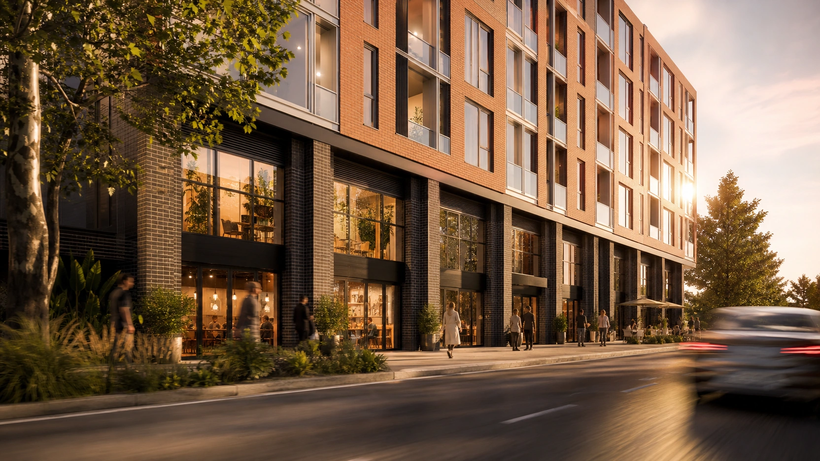 Photorealistic CGI still from a Tier 2 marketing-grade architectural animation services walkthrough showing a contemporary mixed-use development exterior at golden hour with warm brick facade glazed retail units mature plane tree IES interior light through glass and human figures at street level