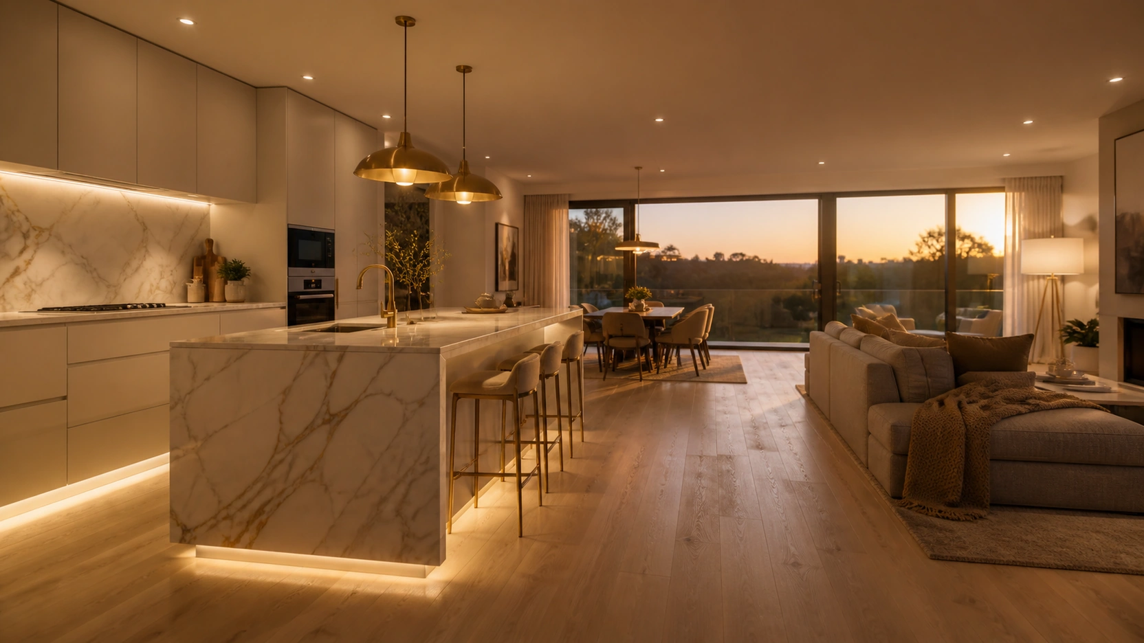 Photorealistic CGI still from a Tier 2 architectural animation services interior walkthrough in Corona 12 at 4K showing a premium open-plan kitchen living space with Calacatta marble island brushed brass IES pendants warm stone-white cabinetry and pale oak flooring in evening warm lighting