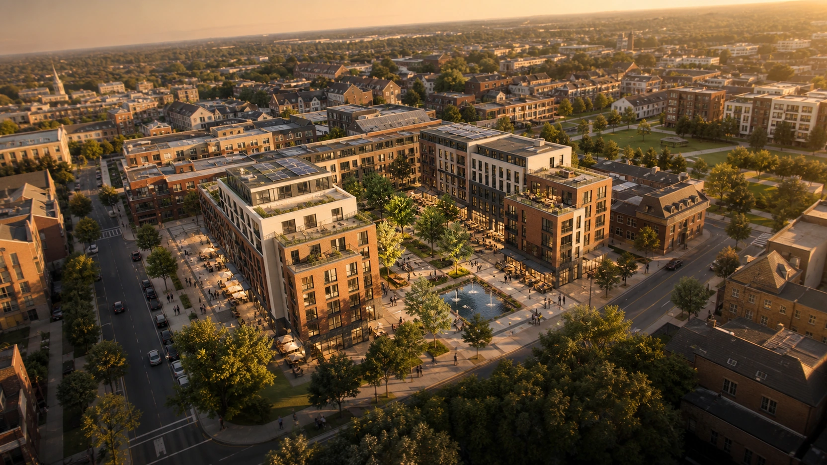 Photorealistic CGI aerial flyover still from a Tier 3 cinematic architectural animation services project showing a contemporary mixed-use development cluster from 80 metres above street level at 45 degree angle with public realm planting golden hour lighting and urban context visible for 300 to 400 metres