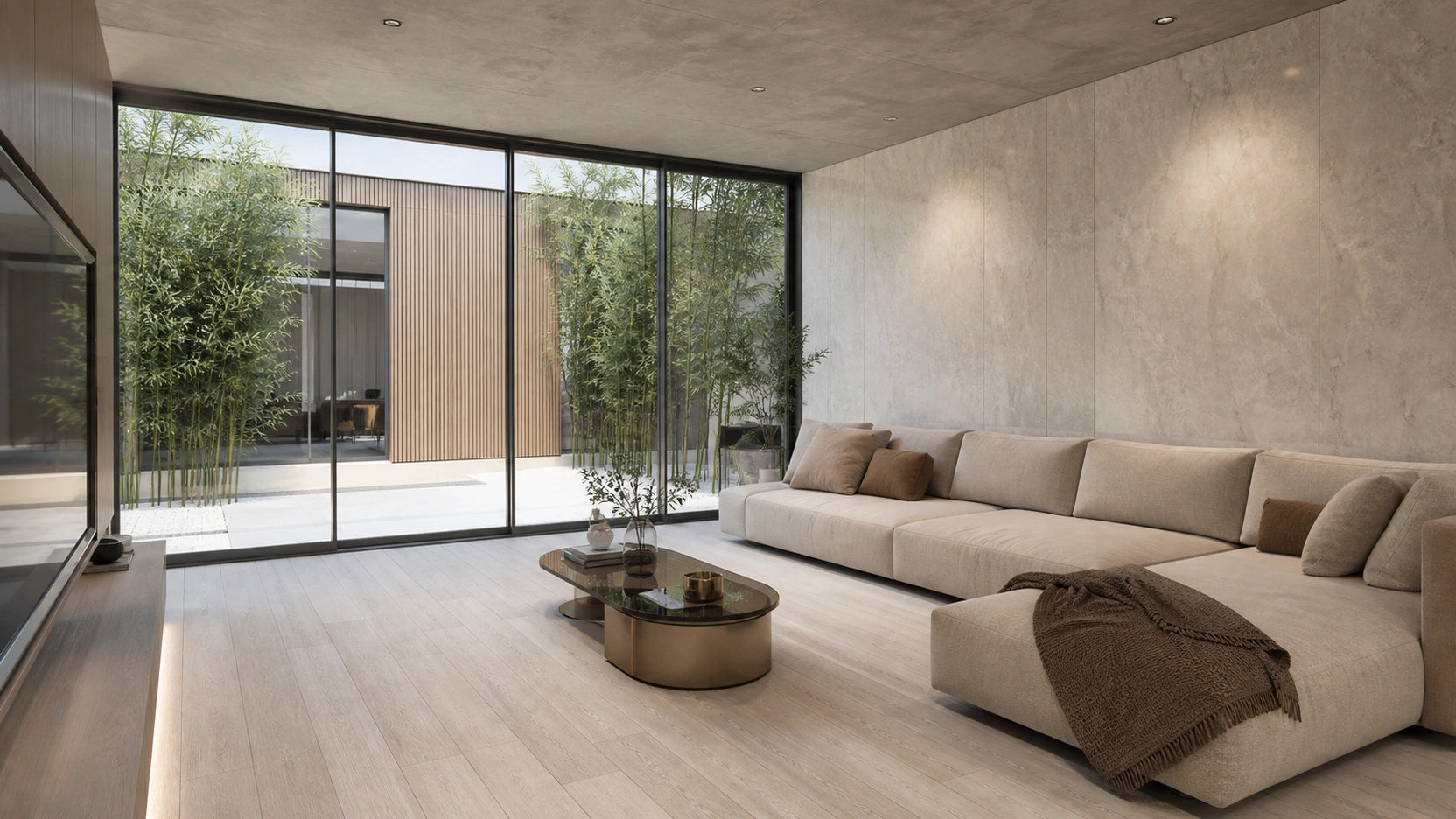 Photorealistic realtime architectural animation services still from Unreal Engine 5 with Lumen global illumination showing a contemporary sales suite living room with sand sectional sofa oval smoked glass coffee table large-format porcelain tile feature wall and full-height glazing with courtyard context and cool daylight bounce