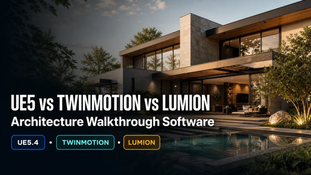 Blog thumbnail for architecture walkthrough software post with text overlay UE5 vs Twinmotion vs Lumion and Architecture Walkthrough Software on a premium UE5 Lumen lit residential exterior background with electric blue teal and amber software badge graphics