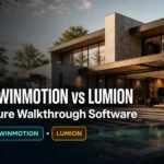 Blog thumbnail for architecture walkthrough software post with text overlay UE5 vs Twinmotion vs Lumion and Architecture Walkthrough Software on a premium UE5 Lumen lit residential exterior background with electric blue teal and amber software badge graphics