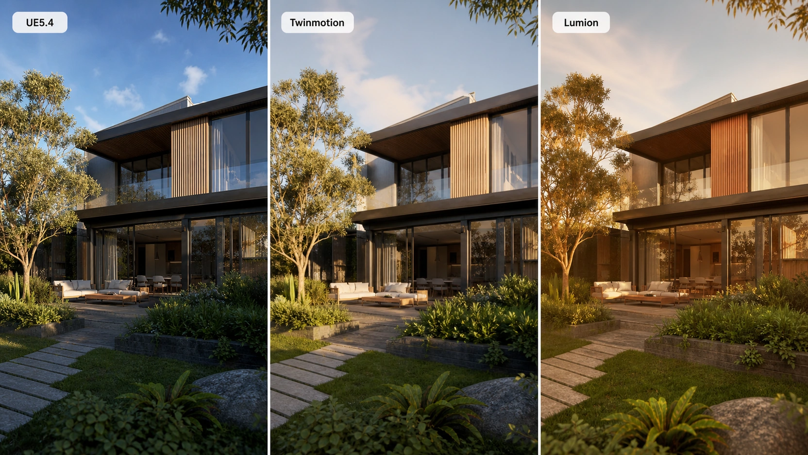Triptych comparison of the same residential exterior in three architecture walkthrough software tools: UE5.4 Lumen precise GI on the left, Twinmotion professional real-time quality in the centre, and Lumion warm stylised atmospheric rendering on the right