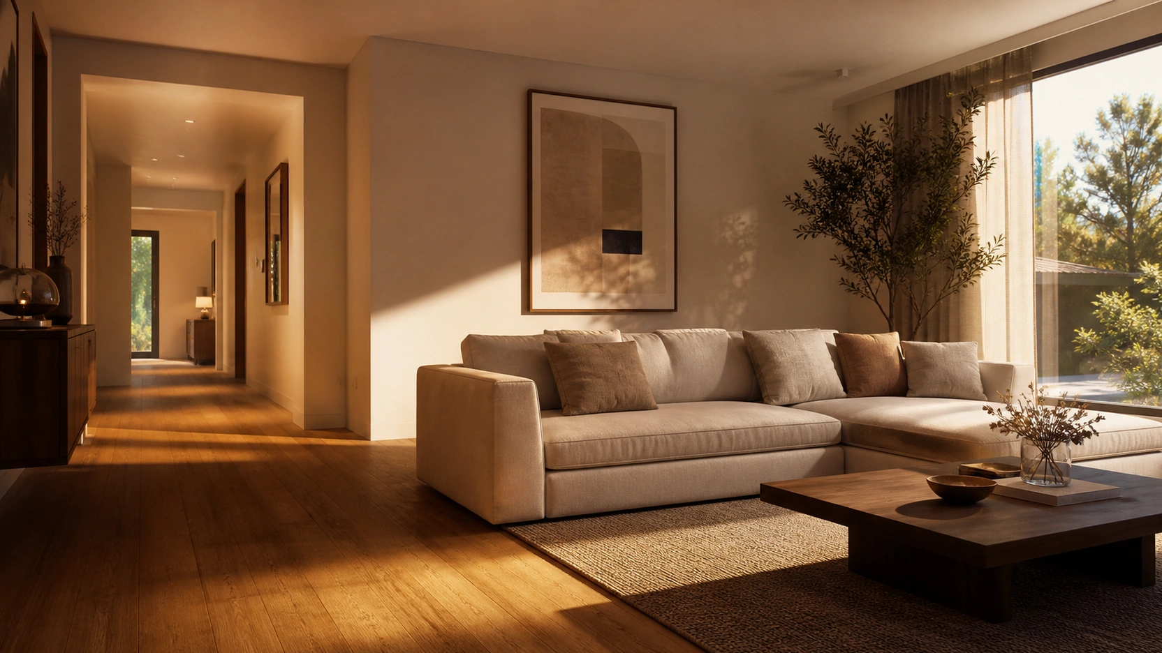 Photorealistic interior still from an Unreal Engine 5 architecture walkthrough demonstrating Lumen real-time global illumination with warm sunlight bouncing from timber floor onto white ceiling creating soft directional light scatter across the living room