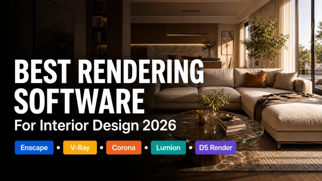 Blog thumbnail for best rendering software for interior design post with BEST RENDERING SOFTWARE and For Interior Design 2026 text on a warm premium living room background with five coloured software badge graphics for Enscape V-Ray Corona Lumion and D5 Render
