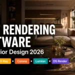 Blog thumbnail for best rendering software for interior design post with BEST RENDERING SOFTWARE and For Interior Design 2026 text on a warm premium living room background with five coloured software badge graphics for Enscape V-Ray Corona Lumion and D5 Render