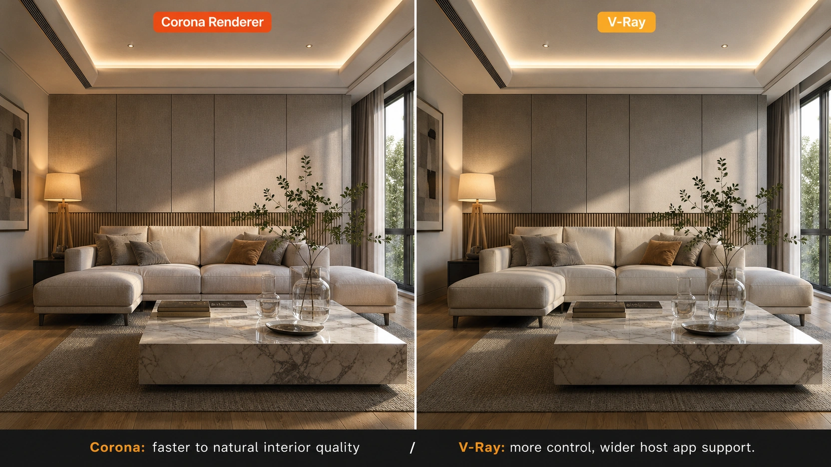 Split panel comparison of the same contemporary living room rendered in Corona Renderer on the left and V-Ray on the right showing warm mixed light interior quality differences in linen sofa subsurface scattering glass caustics and shadow gradients