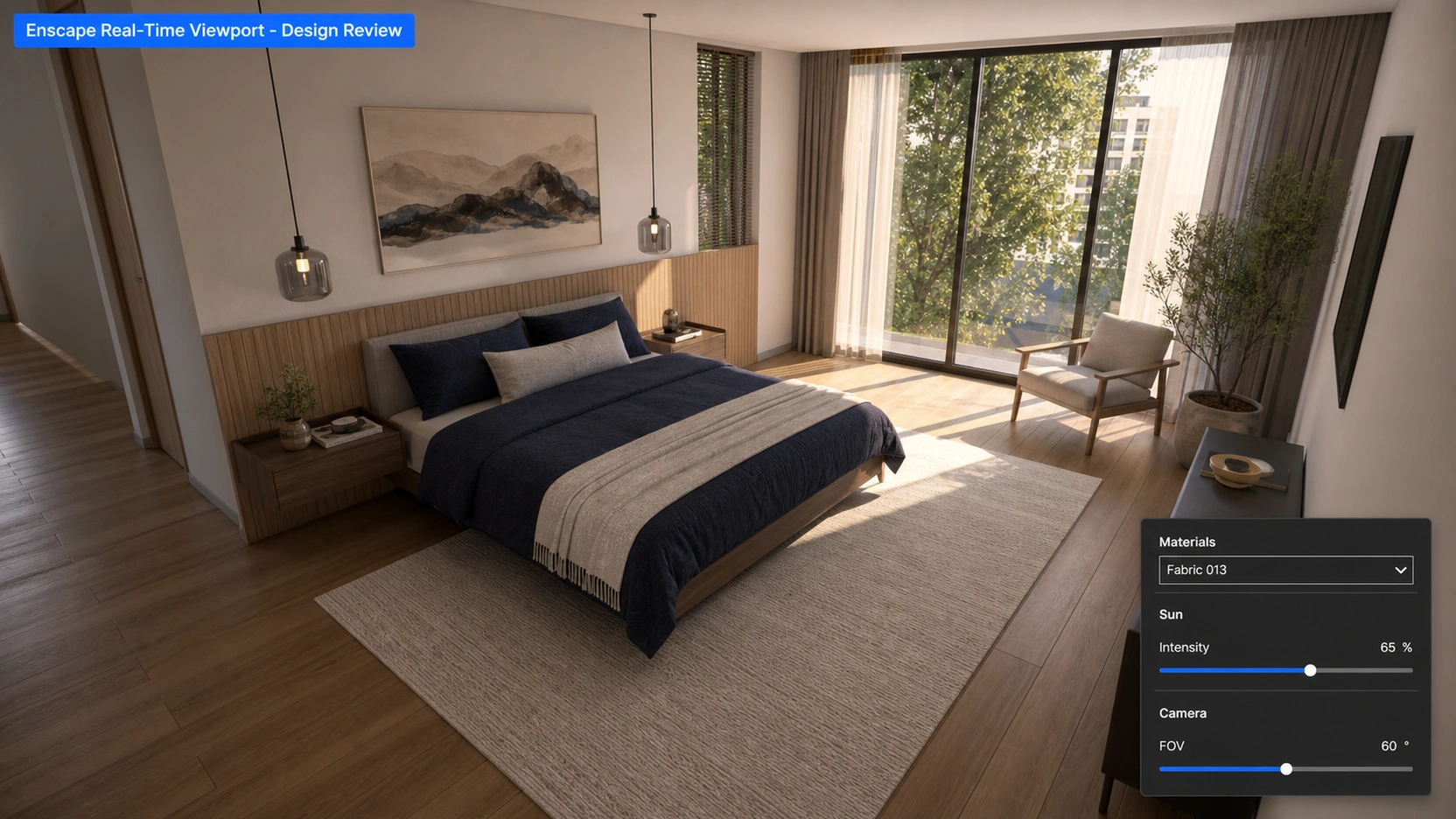 Contemporary master bedroom interior rendered in Enscape real-time viewport for design review showing client-presentation quality warm afternoon lighting with a small Enscape settings interface overlay panel in the corner demonstrating live material and sun intensity controls