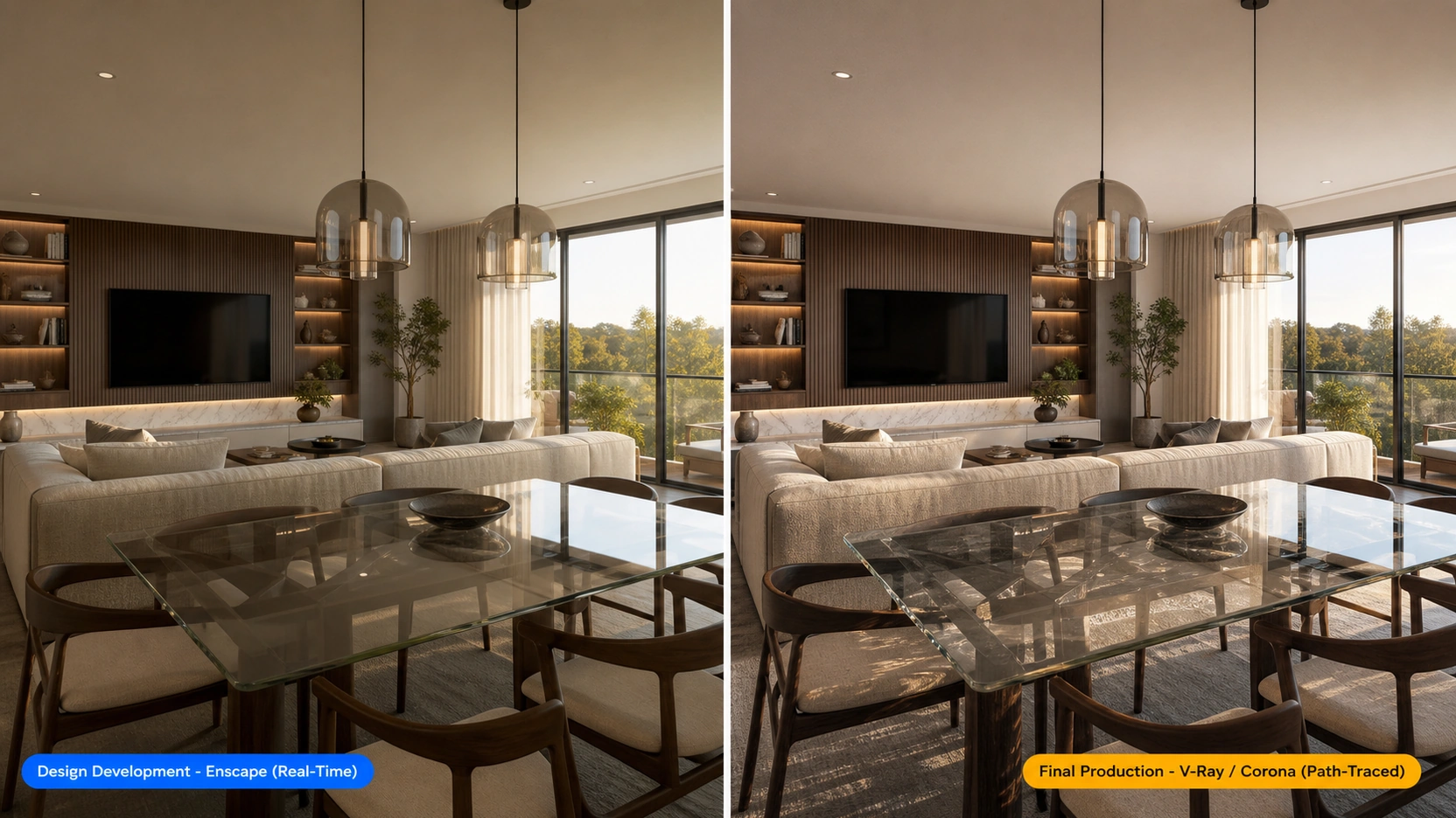 Split panel hero image showing the same contemporary open-plan living room rendered in Enscape real-time quality for design development on the left and in V-Ray or Corona path-traced production quality for final marketing output on the right