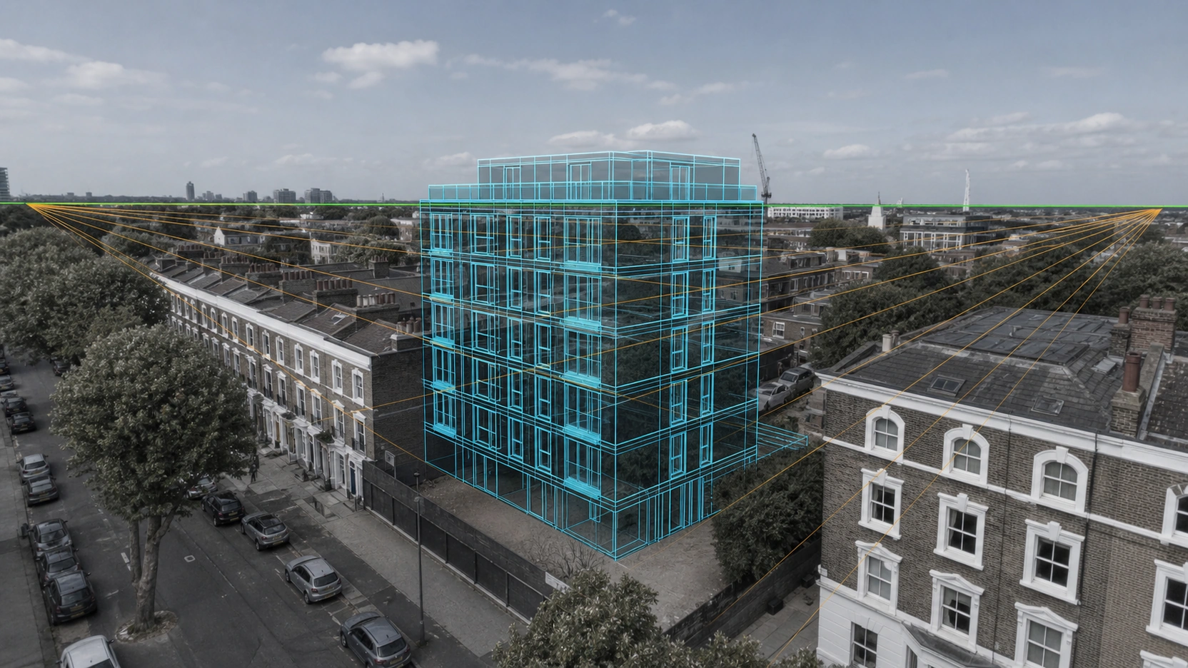 Technical exterior rendering camera match wireframe overlay image showing a desaturated aerial drone photograph of a UK urban site with semi-transparent cyan CGI building wireframe geometry overlaid at correct camera-matched perspective with amber vanishing point guide lines converging to horizon and green horizon line marker