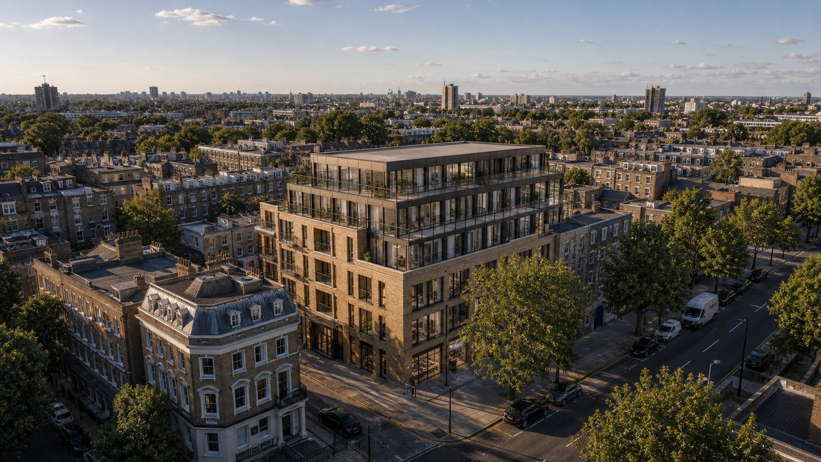 Photorealistic exterior rendering photomontage composite showing a CGI contemporary 6-storey residential development in warm buff brick and dark metal-framed glazing precisely integrated into a real aerial drone photograph of a UK urban street context with Victorian terraces parked cars plane trees and golden afternoon sky