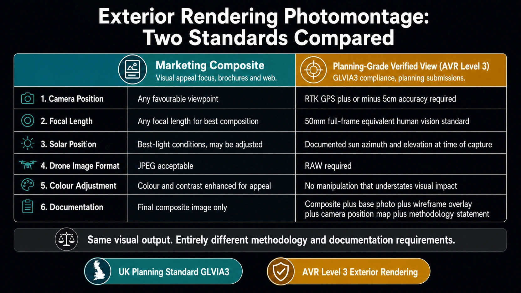 Dark charcoal two-column exterior rendering photomontage comparison infographic with teal Marketing Composite header and amber Planning Grade Verified View AVR Level 3 header showing six comparison rows for camera position RTK GPS focal length solar position drone image format colour adjustment and documentation requirements
