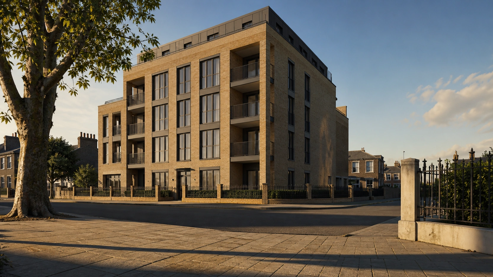 Photorealistic 3D exterior rendering shadow direction study showing a contemporary 6-storey residential buff brick building with dark metal-framed glazing at street level with hard defined afternoon sunlight casting northeast shadows from the building matching the shadow direction of a foreground plane tree and parked cars at identical sun azimuth angle