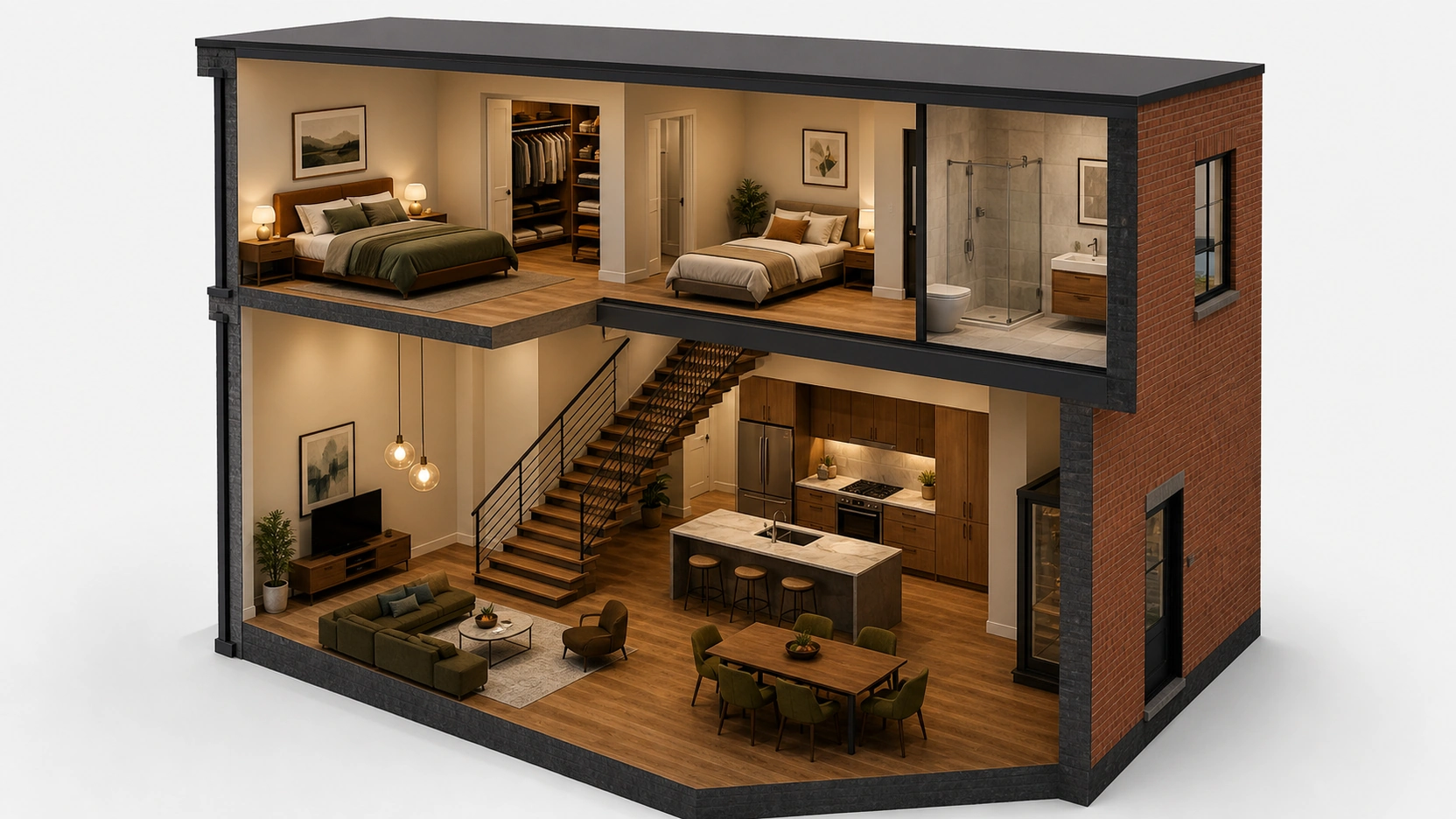 Photorealistic dollhouse cut-away floor plan 3D rendering of a two-storey contemporary townhouse with front and left walls removed showing ground floor open-plan kitchen dining and living room and first floor master bedroom walk-in wardrobe second bedroom and bathroom simultaneously with staircase connecting both levels