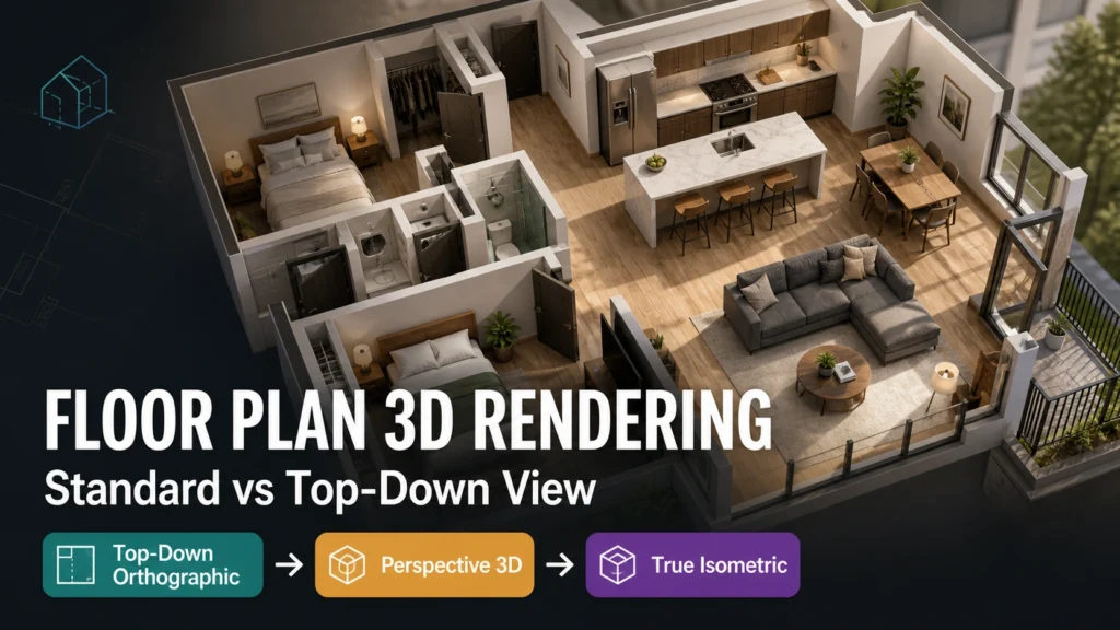 Blog thumbnail for floor plan 3D rendering comparison post with FLOOR PLAN 3D RENDERING text and Standard vs Top-Down View subtitle on a warm perspective 3D apartment floor plan background with three view-type colour badge graphics for Top-Down Orthographic teal Perspective 3D amber and True Isometric violet
