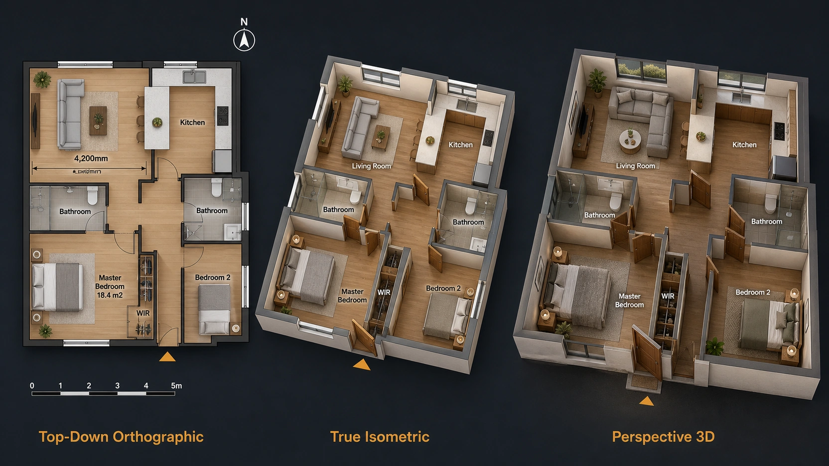 Three panel hero image showing the same 2-bedroom apartment in three floor plan 3D rendering view types: top-down orthographic with dimension lines and area labels on the left, true isometric with room labels at 30 degrees in the centre, and perspective 3D with photorealistic materials and vanishing points on the right