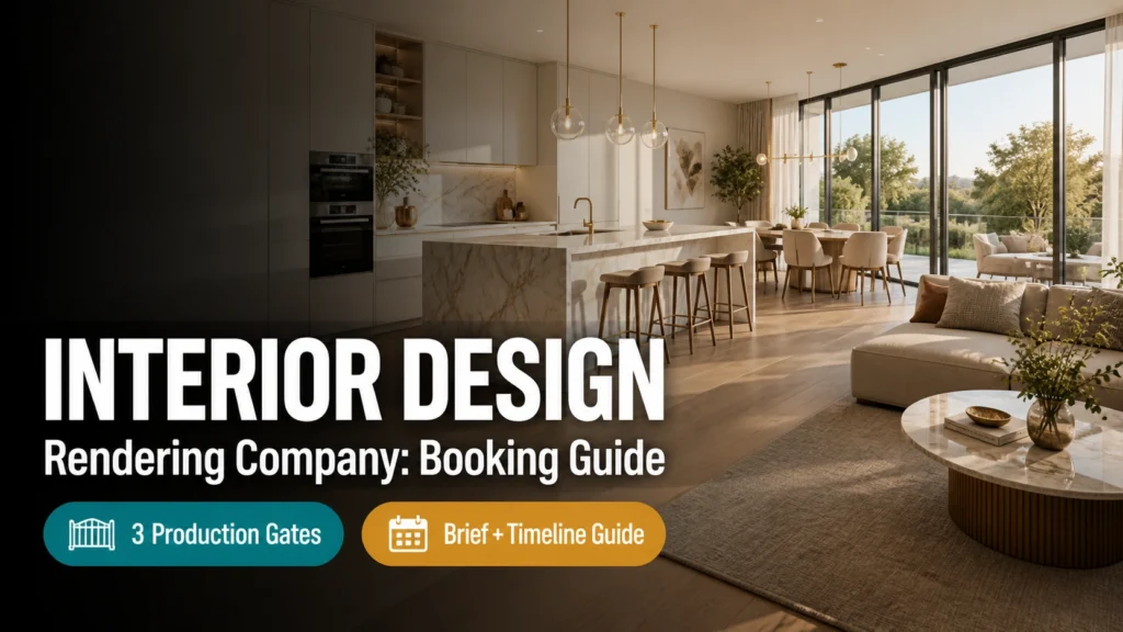 Blog thumbnail for interior design rendering company booking guide with INTERIOR DESIGN RENDERING text on premium open plan kitchen CGI background with teal 3-Gate Workflow and amber Briefing Guide badge pills