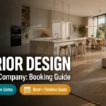 Blog thumbnail for interior design rendering company booking guide with INTERIOR DESIGN RENDERING text on premium open plan kitchen CGI background with teal 3-Gate Workflow and amber Briefing Guide badge pills