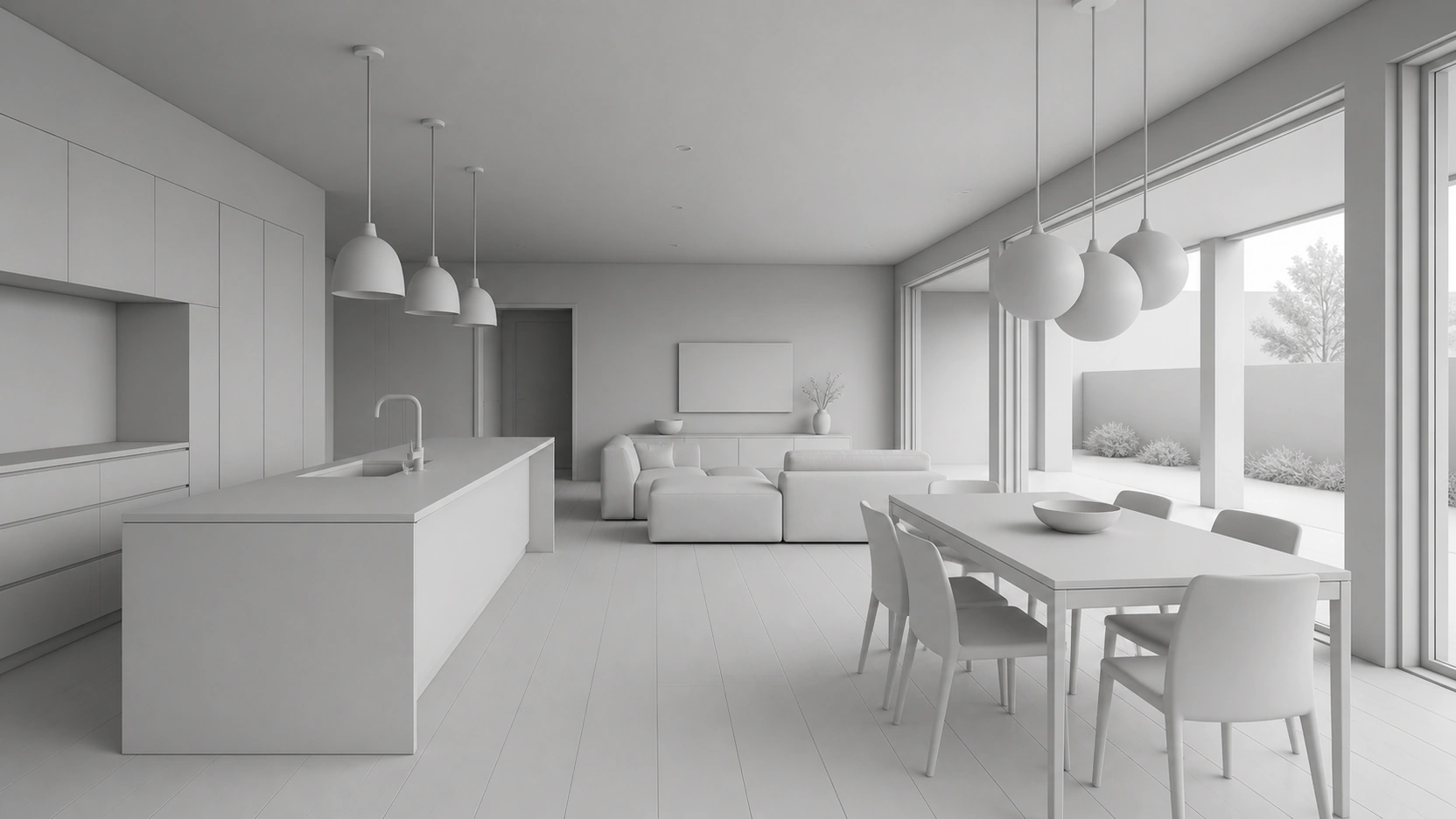 Untextured white clay model CGI from an interior design rendering company showing an open plan living room with simple grey geometry for sofa kitchen island and windows confirming spatial layout and camera angle before materials are applied
