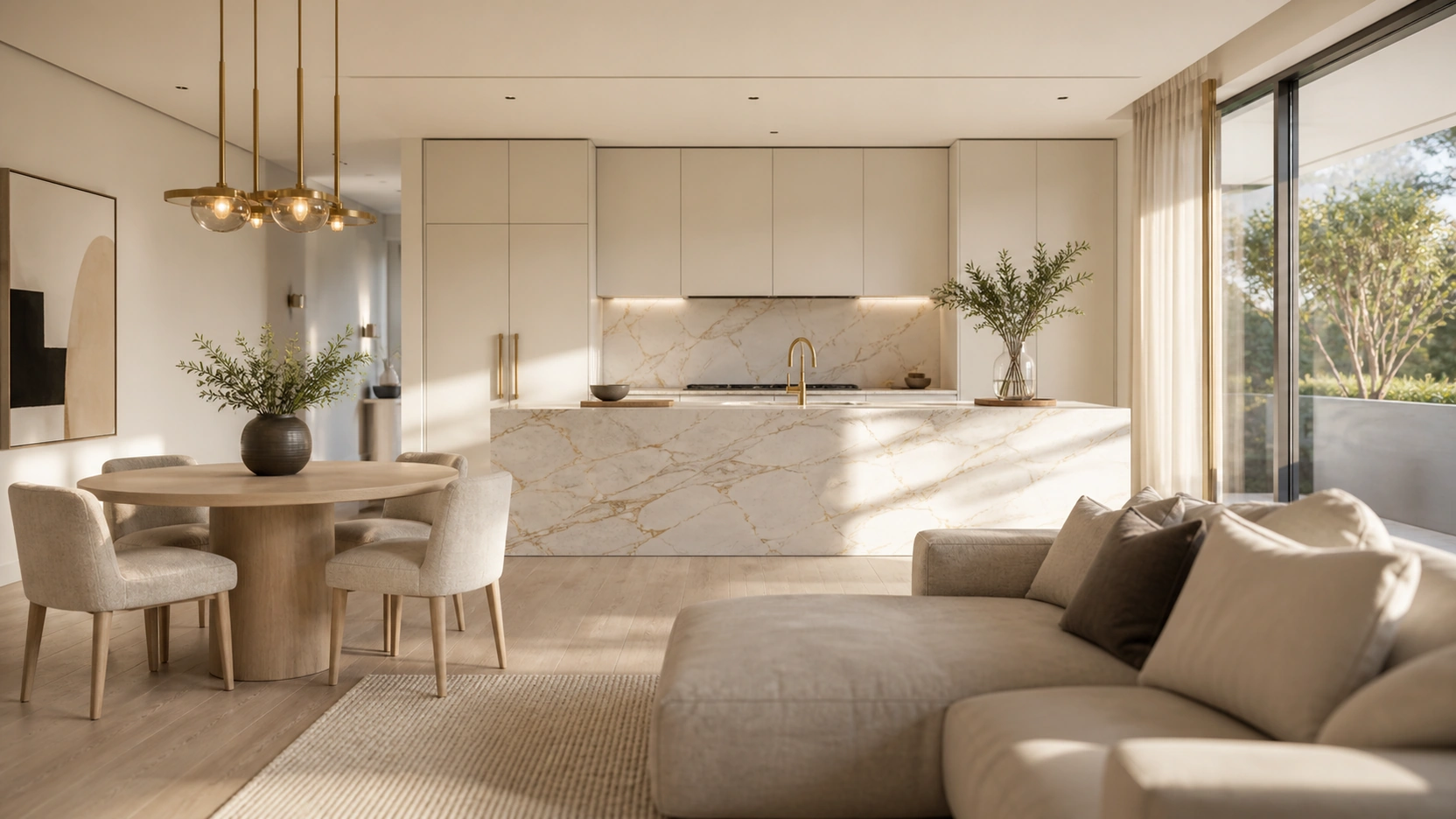 Photorealistic 3D interior render at Gate 3 final quality from a professional interior design rendering company showing an open-plan kitchen dining living space with Calacatta Gold marble island matte brass hardware pale oak dining table oatmeal sectional sofa and warm afternoon natural light through full-height glazing