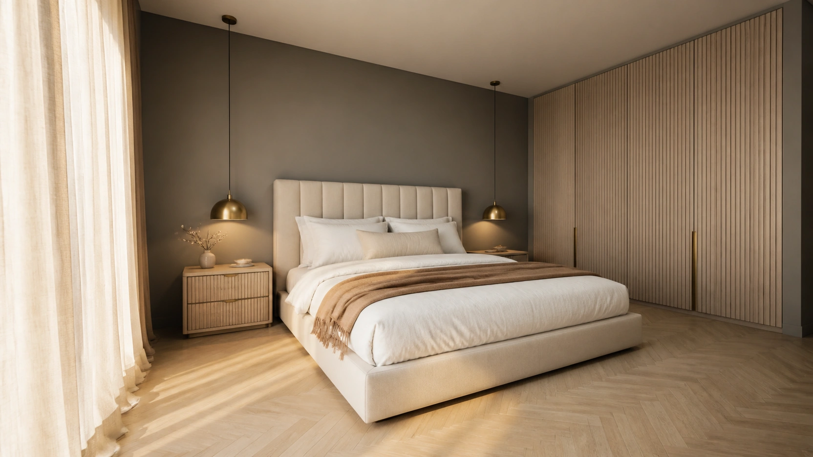 Photorealistic Gate 3 interior design rendering company CGI of a master bedroom with deep teal walls oatmeal linen bed warm oak floors and soft diffused autumn natural light entering through a side window
