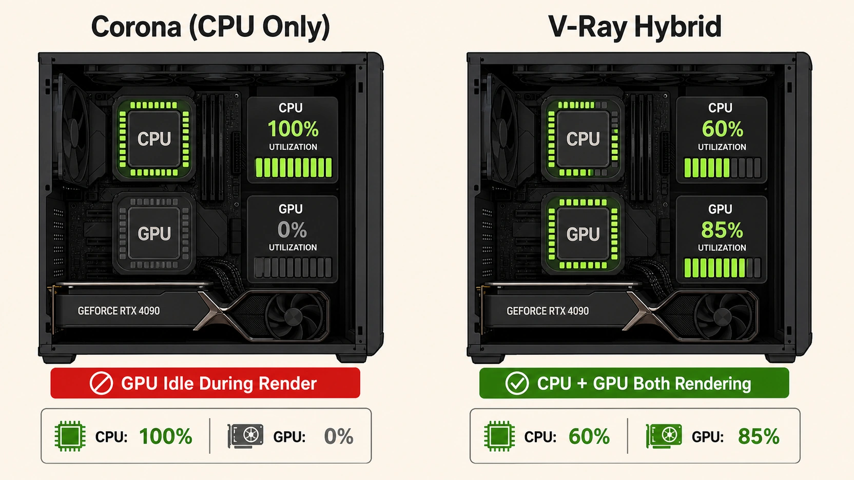 Flat design illustration comparing two workstations showing Corona CPU only rendering with GPU idle at 0 percent utilization versus V-Ray hybrid rendering using both CPU and GPU simultaneously for RTX 4090 workstations