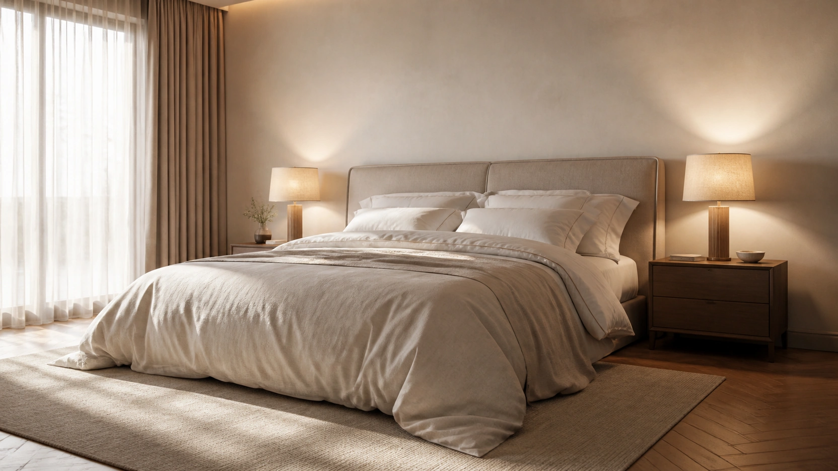 Photorealistic interior design render of a premium contemporary master bedroom with linen upholstered headboard, cotton bedding with Marvelous Designer draping folds, warm table lamps, soft curtain light, and oak parquet flooring demonstrating professional rendering output quality