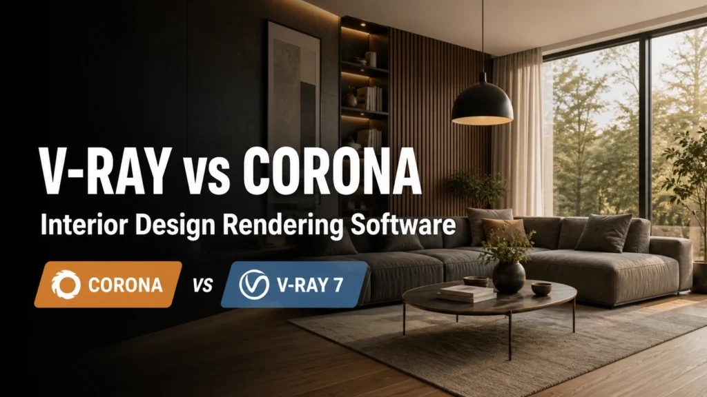 Blog thumbnail for interior design rendering software post with text V-Ray vs Corona and Interior Design Rendering Software on a warm living room interior render background with amber Corona and blue V-Ray label badge graphics