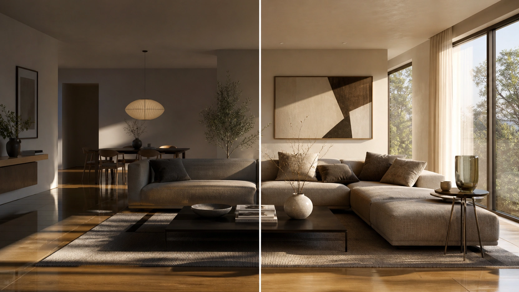 Split panel interior design render showing the same contemporary living room in V-Ray 7 on the left with precise high-contrast lighting and Corona on the right with warmer more diffused ambient lighting