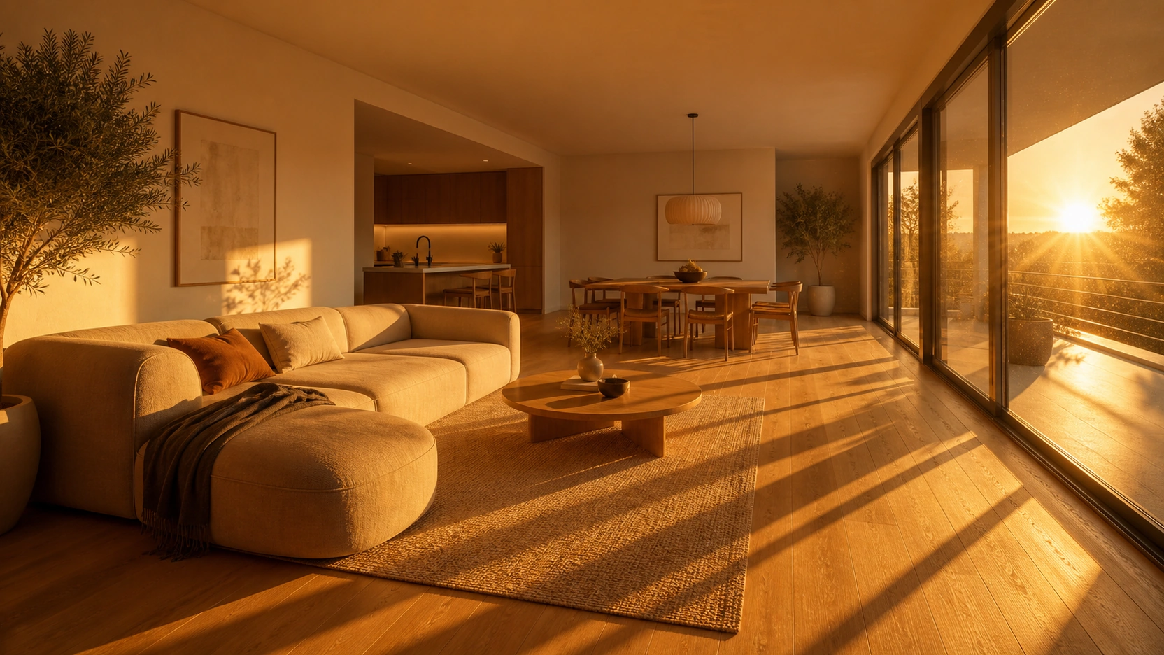 Photorealistic interior rendering of the same south-facing living room as the hero image but at golden hour with sun at 12 degrees above horizon showing entire room transformed to warm amber-cream tones with intensely long diagonal shadow lines from window frame coffee table and sofa across pale honey-toned oak floor
