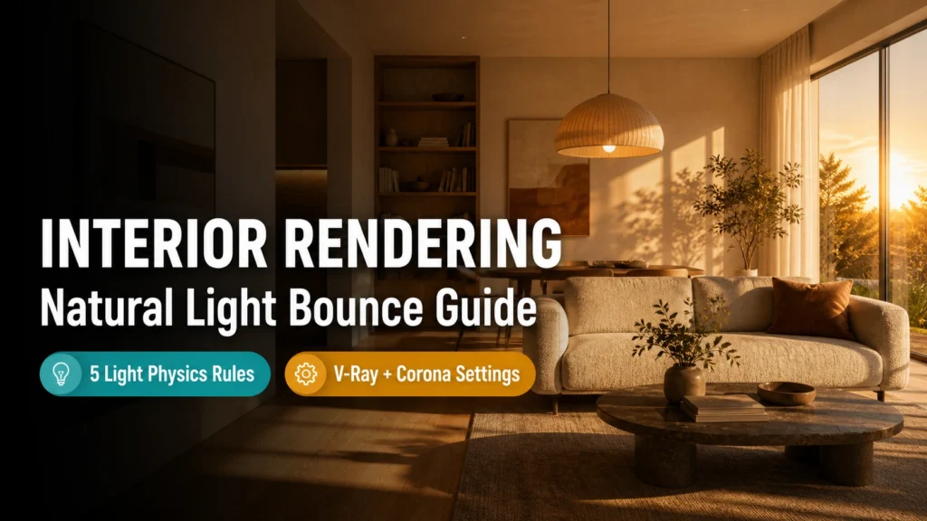 Blog thumbnail for interior rendering natural light guide with INTERIOR RENDERING text on golden hour living room background warm amber sunlight long diagonal shadows cream plaster honey oak floor with teal 5 Light Physics Rules and amber V-Ray Plus Corona Settings badge pills