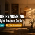 Blog thumbnail for interior rendering natural light guide with INTERIOR RENDERING text on golden hour living room background warm amber sunlight long diagonal shadows cream plaster honey oak floor with teal 5 Light Physics Rules and amber V-Ray Plus Corona Settings badge pills