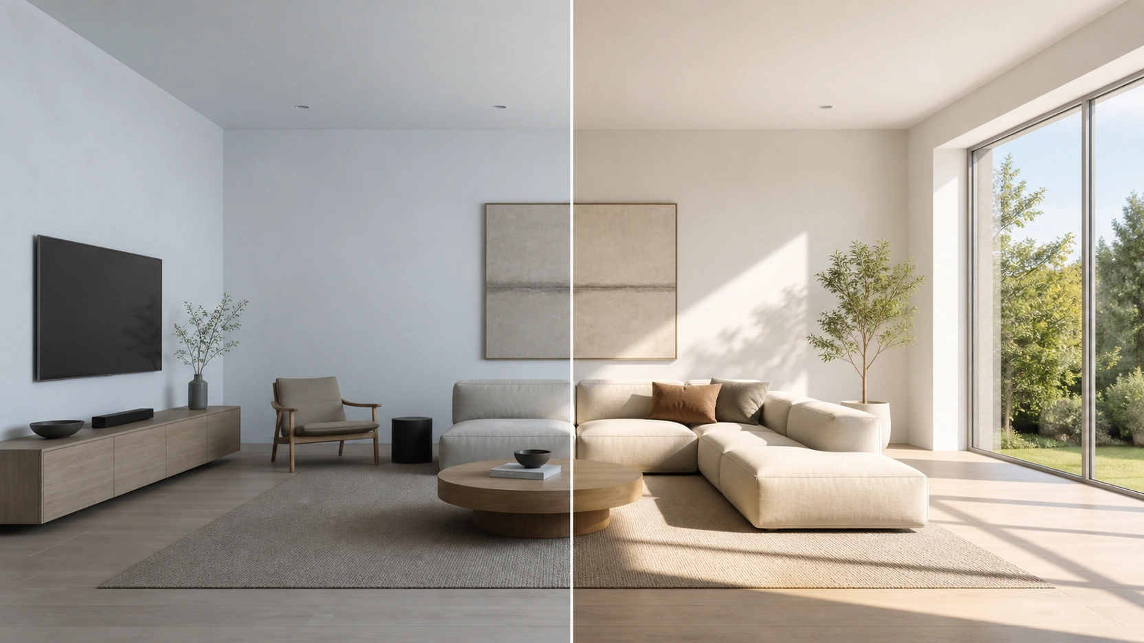 Split-frame interior rendering comparison showing the same contemporary living room at solar noon as a north-facing room on the left with cool diffuse 6500K blue-white scattered sky light no shadow directionality and even illumination versus south-facing room on the right with direct 5500K sunlight hard diagonal window frame shadow on floor and cool-to-warm gradient