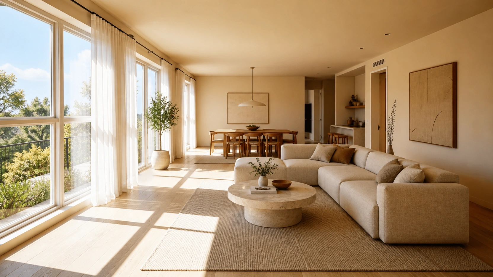 Photorealistic V-Ray 7 interior rendering of a contemporary south-facing open-plan living room at solar noon showing a clear cool-to-warm gradient from the cool white window zone through warm cream-neutral sofa area to warm amber shadows in far corners, with hard diagonal window frame shadow on pale oak floor and warm GI bounce glow on ceiling