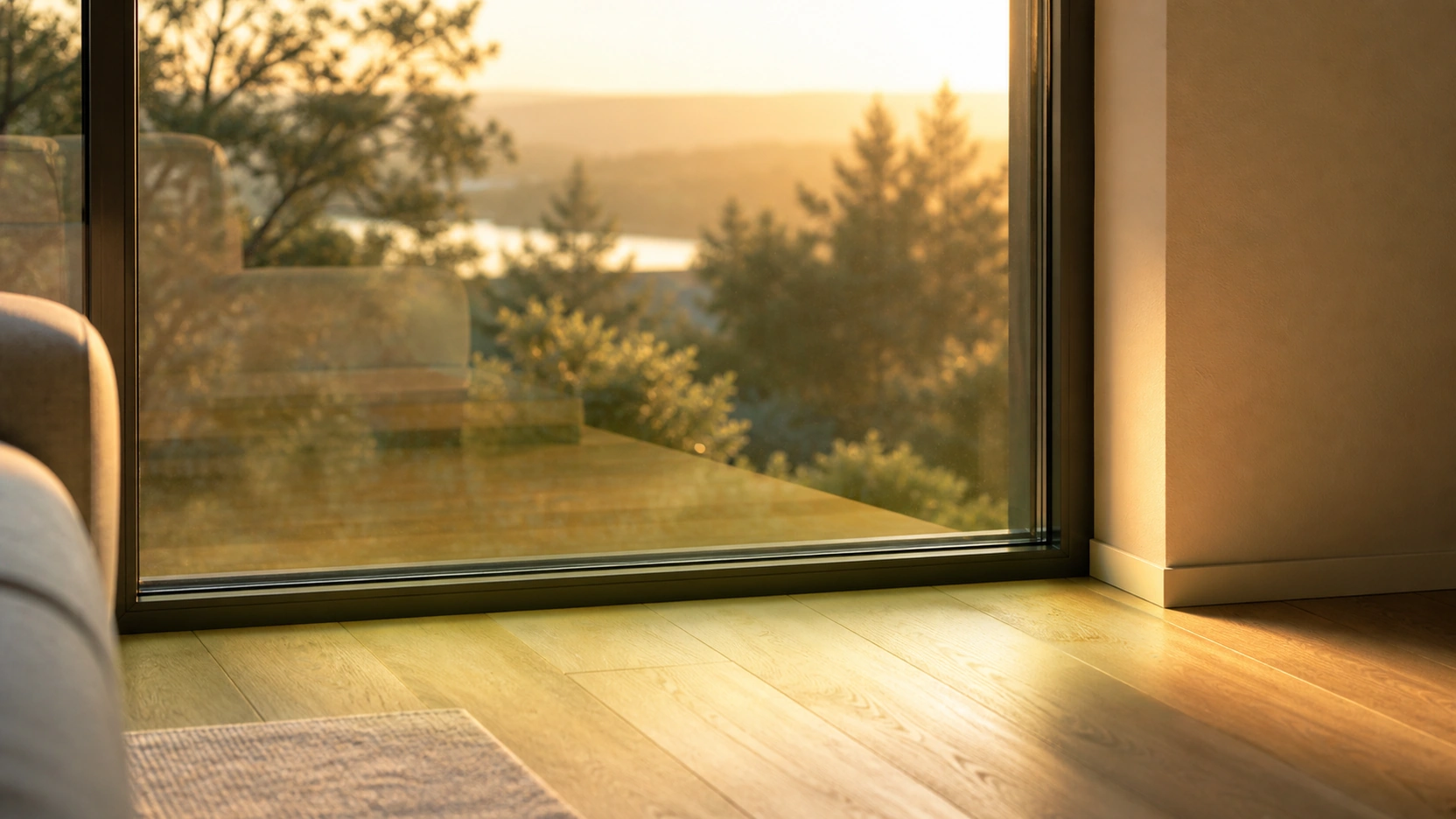 Photorealistic 3D interior detail rendering from V-Ray 7 at 90mm telephoto showing a double-glazed residential glazing panel from inside at 1.8 metres back with warm golden hour sunlight transmitting through the glass creating a slightly warm-green tinted light pool on pale oak floor below and faint room reflection in glass surface with warm GI bounce on adjacent wall to the right