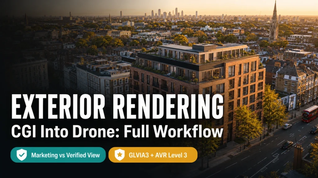 Blog thumbnail for exterior rendering photomontage workflow with EXTERIOR RENDERING text on split screen wireframe to final aerial drone CGI background with teal Drone Integration and amber Verified Views badge pills **Caption:** Thumbnail combining an aerial photomontage (wireframe to final split) background, EXTERIOR RENDERING bold text, and Drone Integration and Verified Views badge pills per Rule 13.