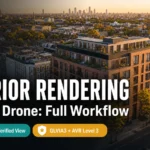 Blog thumbnail for exterior rendering photomontage workflow with EXTERIOR RENDERING text on split screen wireframe to final aerial drone CGI background with teal Drone Integration and amber Verified Views badge pills **Caption:** Thumbnail combining an aerial photomontage (wireframe to final split) background, EXTERIOR RENDERING bold text, and Drone Integration and Verified Views badge pills per Rule 13.