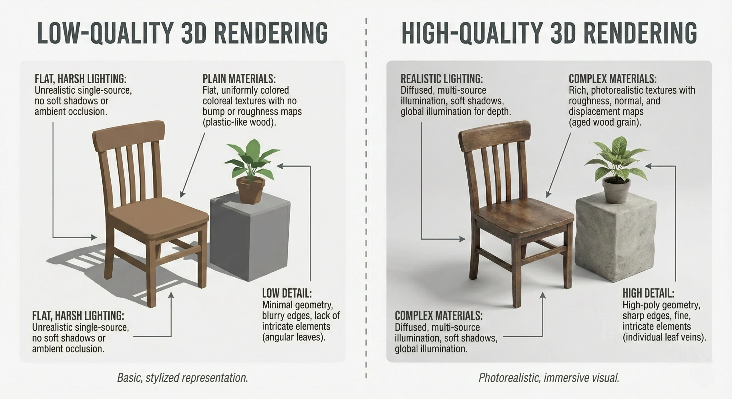 Quality comparison showing low-resolution versus high-quality 3D walkthrough animation services