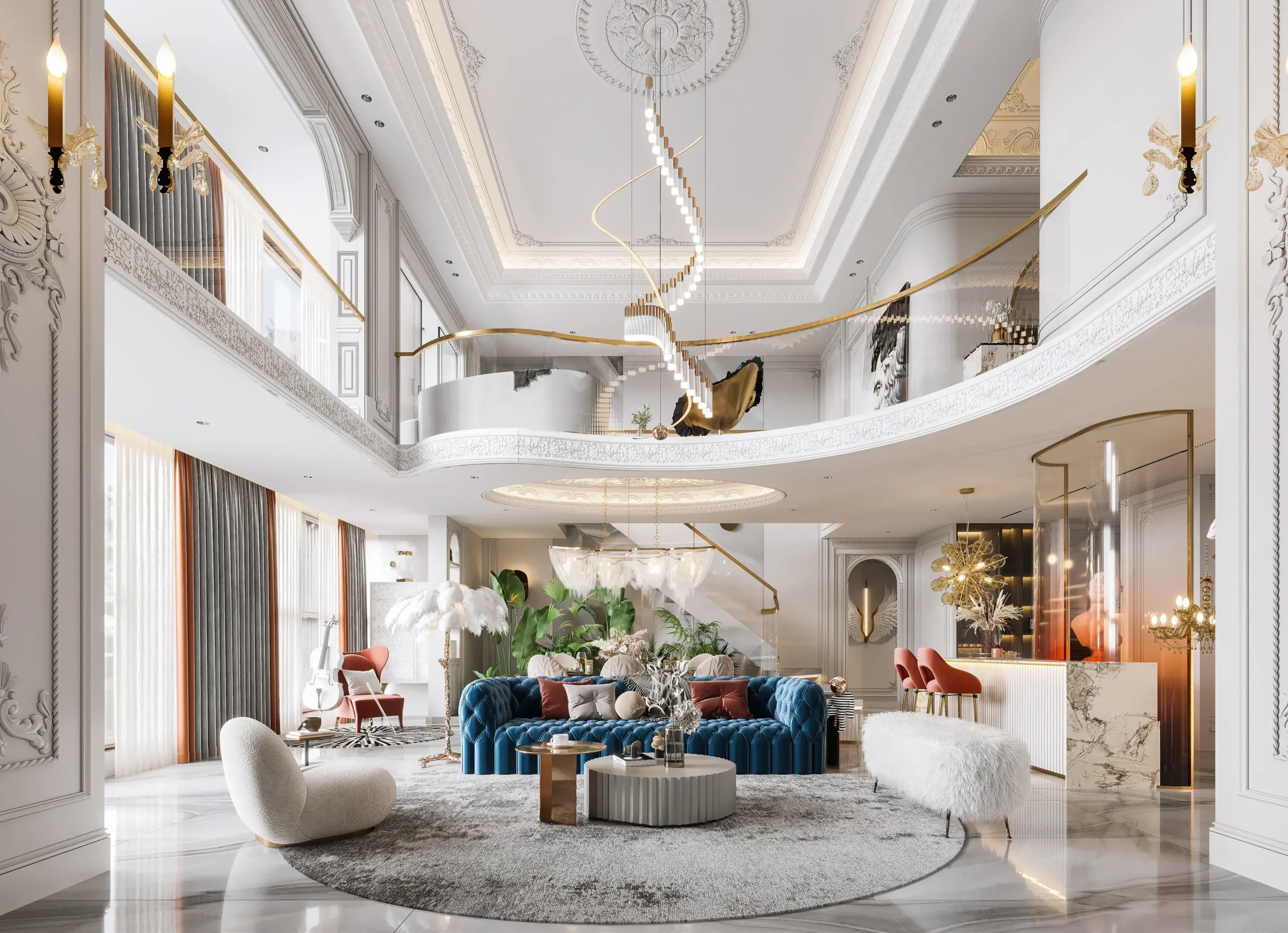 Photorealistic 3D rendering in Interior Design of Livingroom interior with detailed textures and realistic lighting