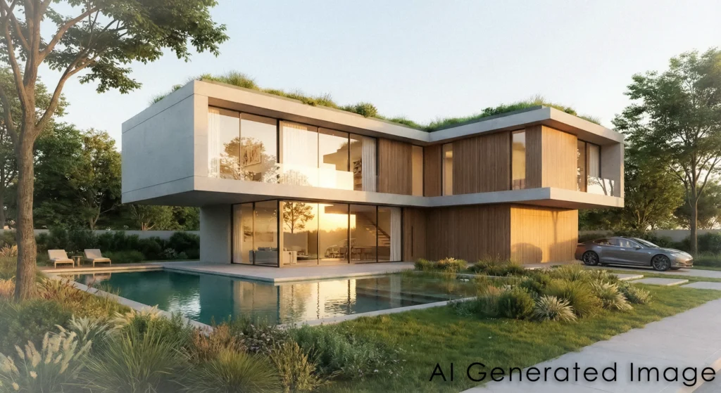AI-generated 3D exterior rendering example showing modern residential architecture