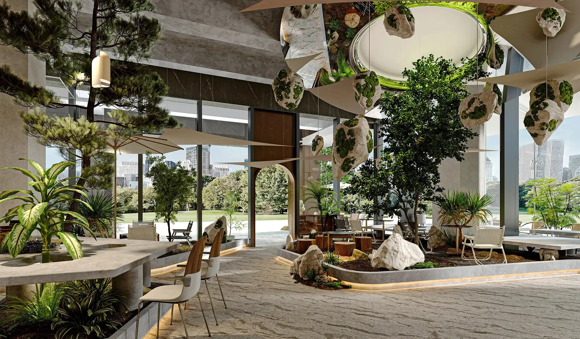 3D rendered biophilic interior design with indoor trees, natural rock formations, and modern furniture in open-concept space