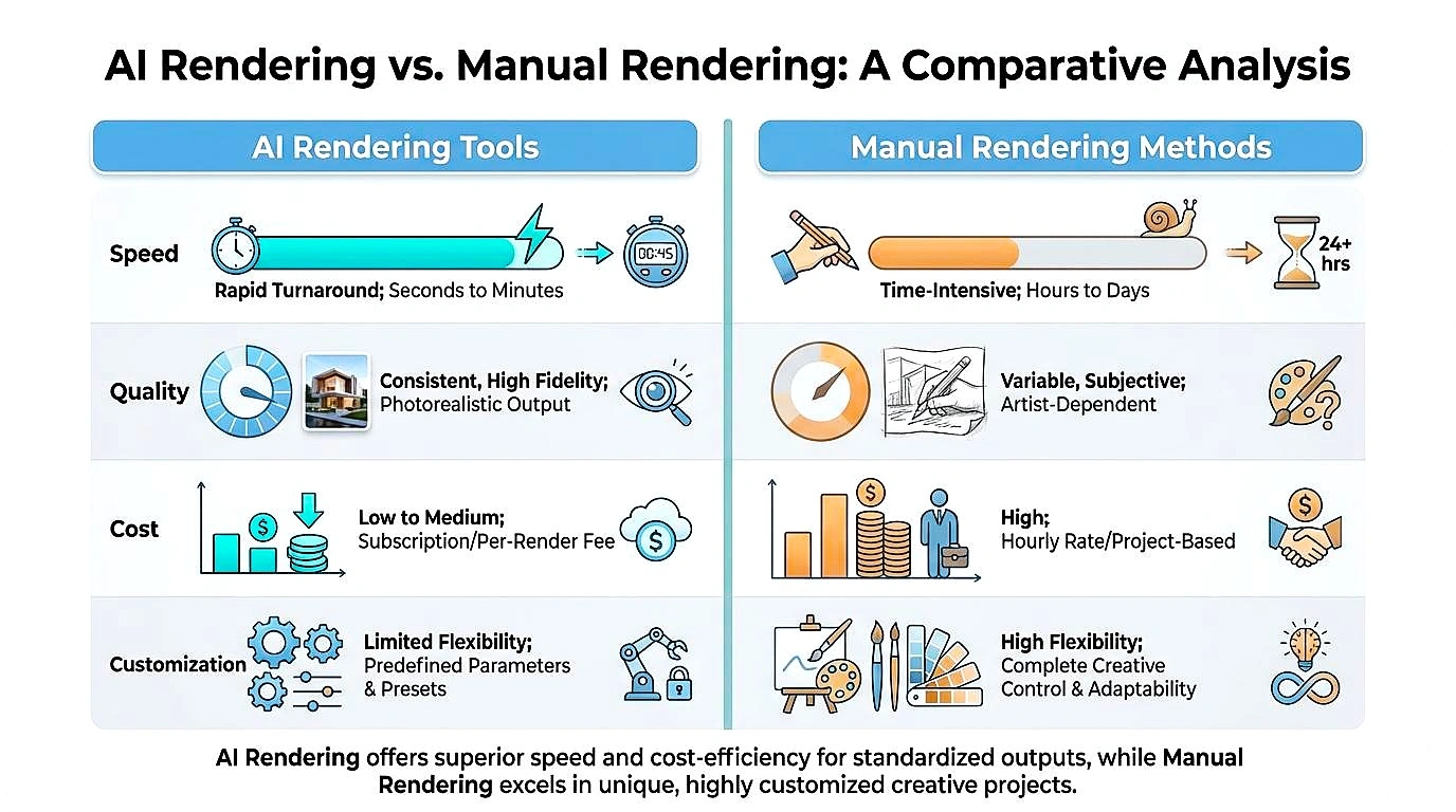 Infographic comparing AI rendering tools versus manual 3D rendering methods for exterior visualizationInfographic comparing AI rendering tools versus manual 3D rendering methods for exterior visualization